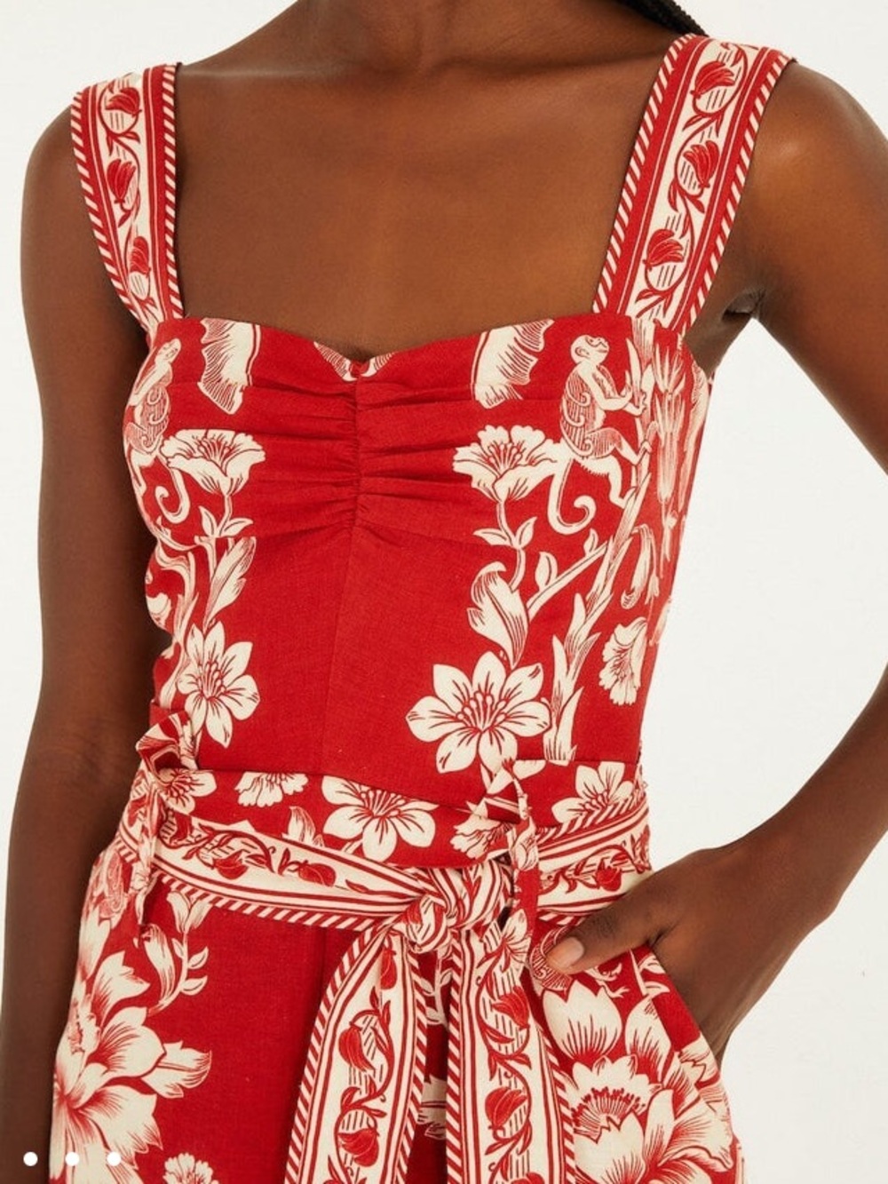 NEW FARM Rio Red Guanacaste Belted Euroflax™ Romper Tropical Floral Linen XL - Picture 3 of 15